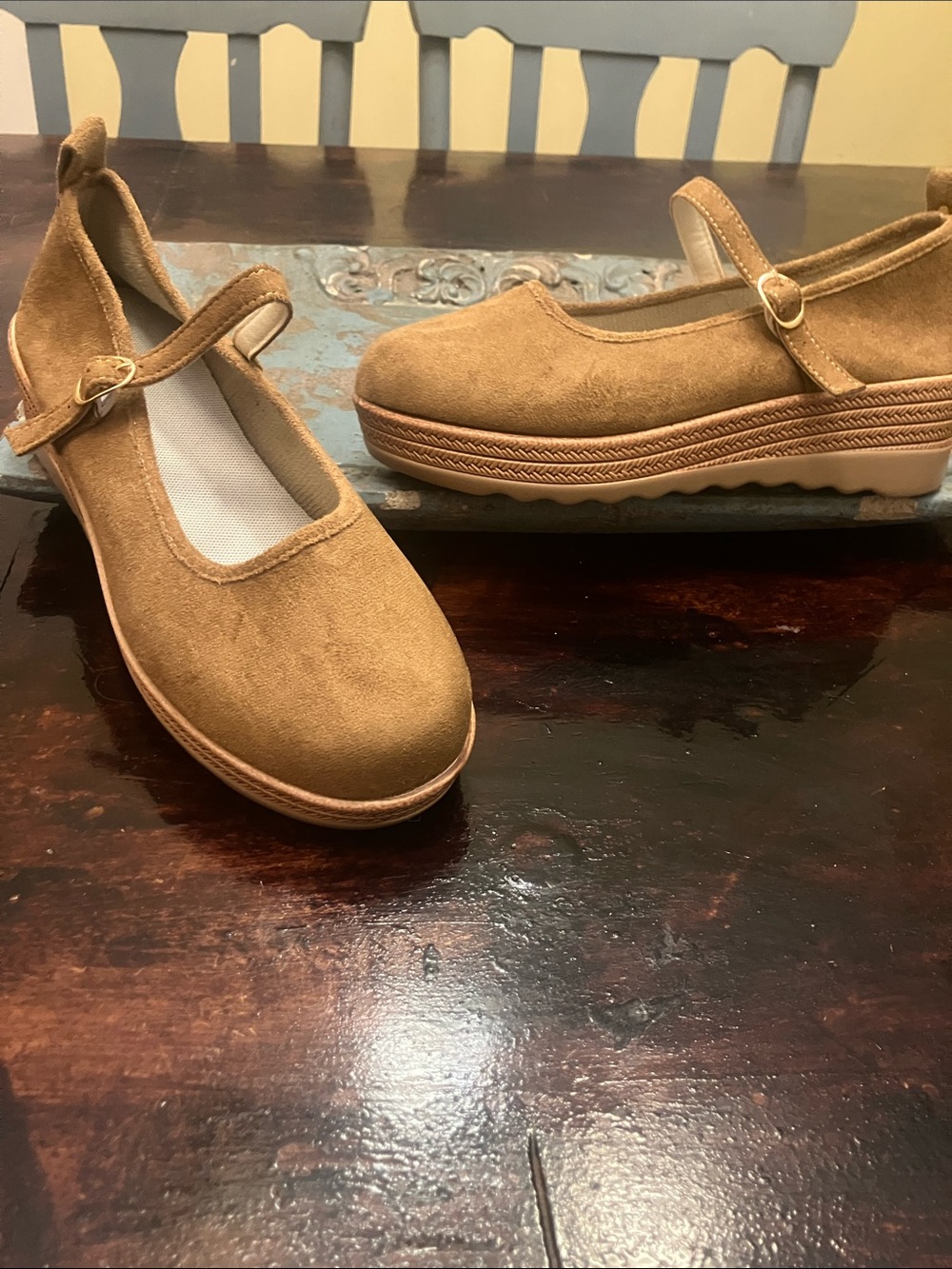 Tan Suede Mary Jane Wedge with Braided Midsole